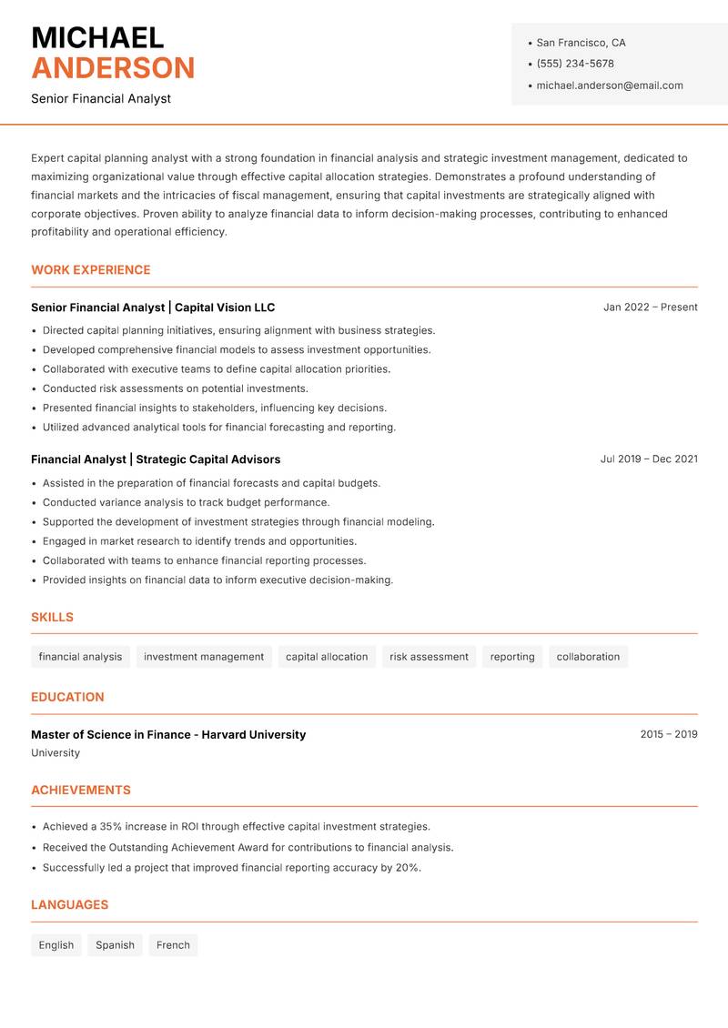 Capital Planning Analyst resume template — Modern Professional