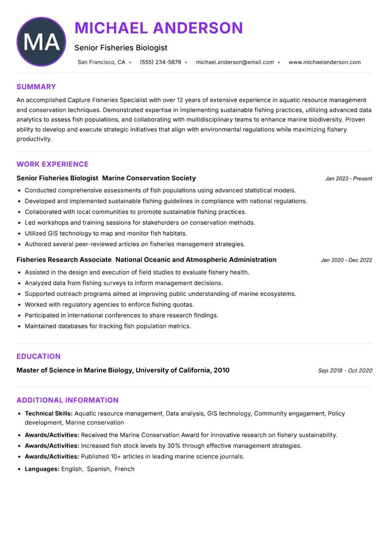 Capture Fisheries Specialist resume example — ATS-friendly template