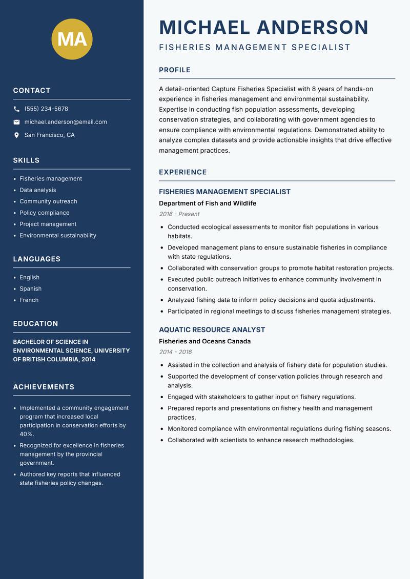 Capture Fisheries Specialist resume template — Classic Clean