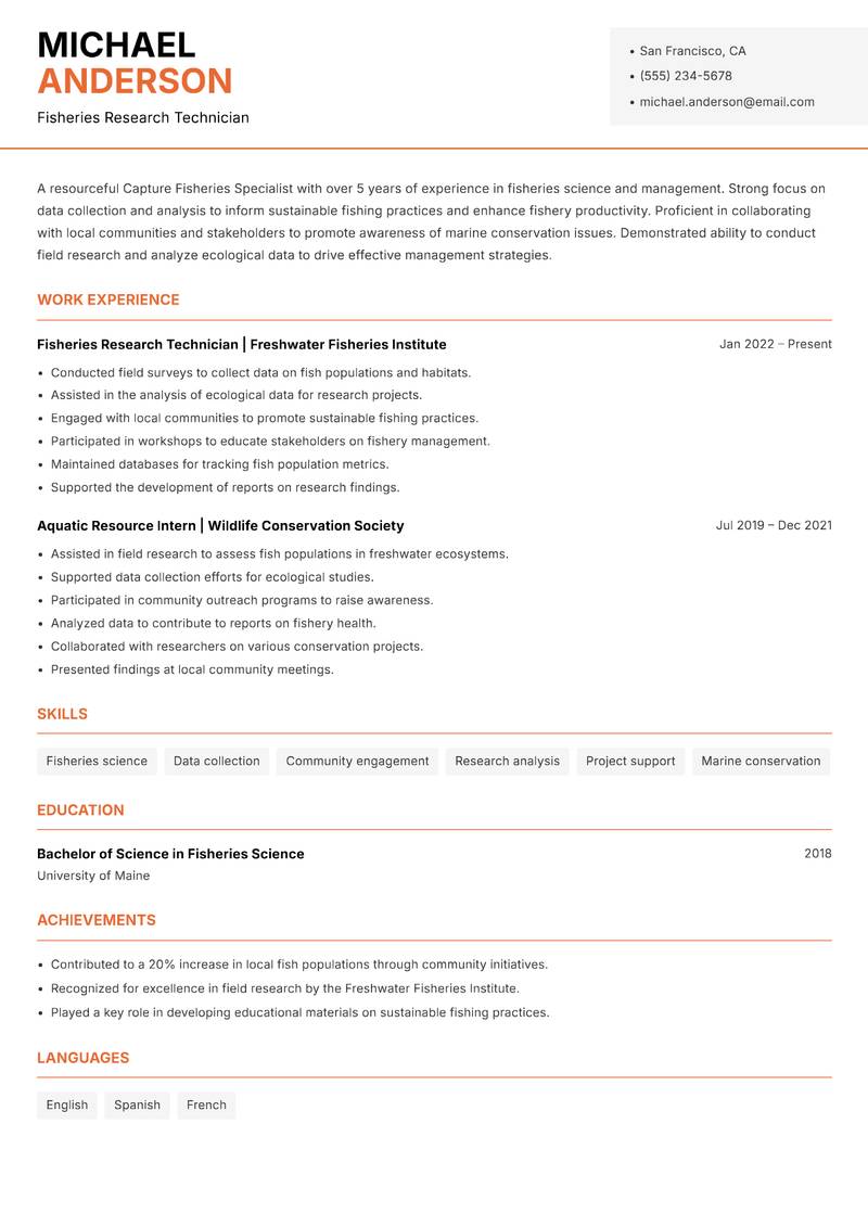 Capture Fisheries Specialist resume template — Modern Professional