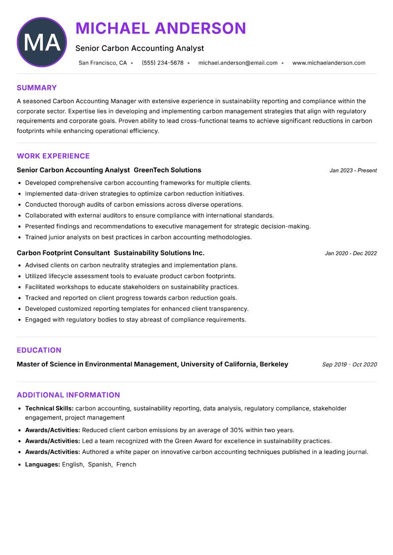 Carbon Accounting Manager resume example — Carbon Management