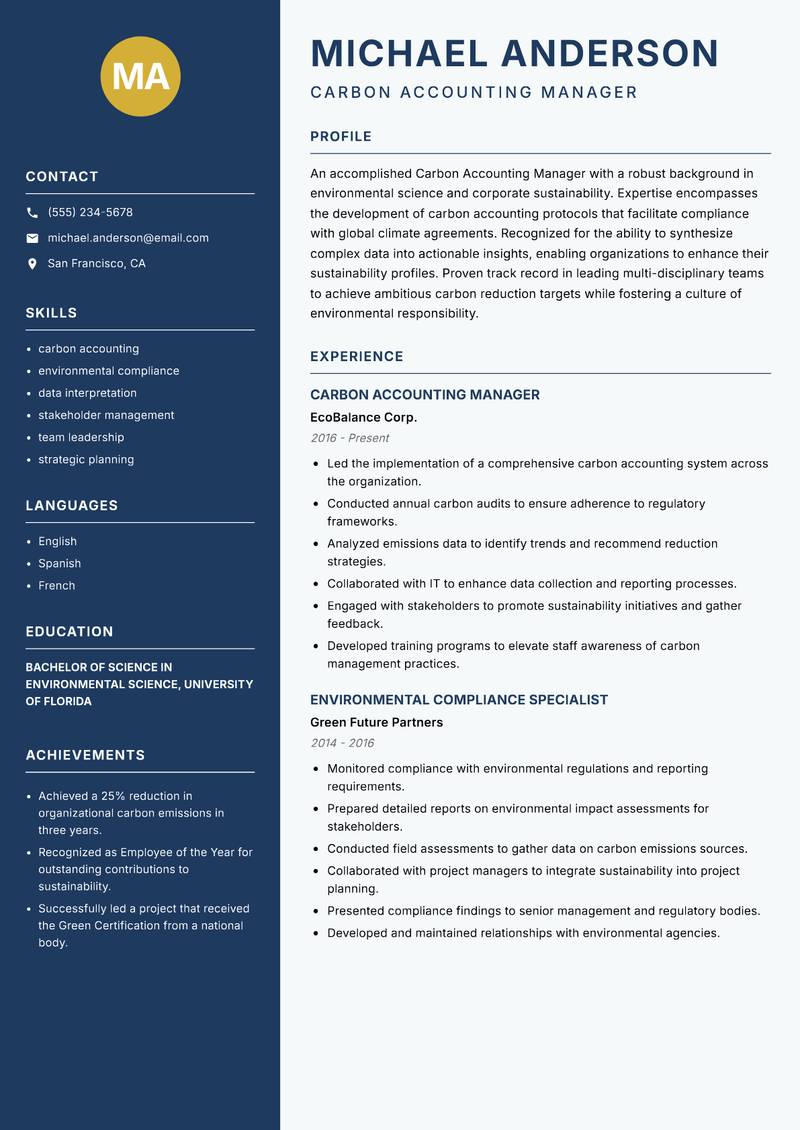 Carbon Accounting Manager resume template — Classic Clean
