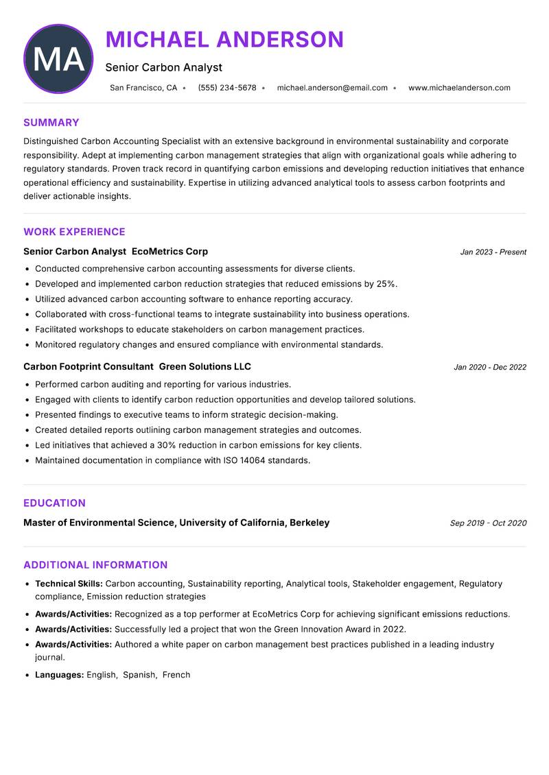 Carbon Accounting Specialist resume example — ATS-friendly template