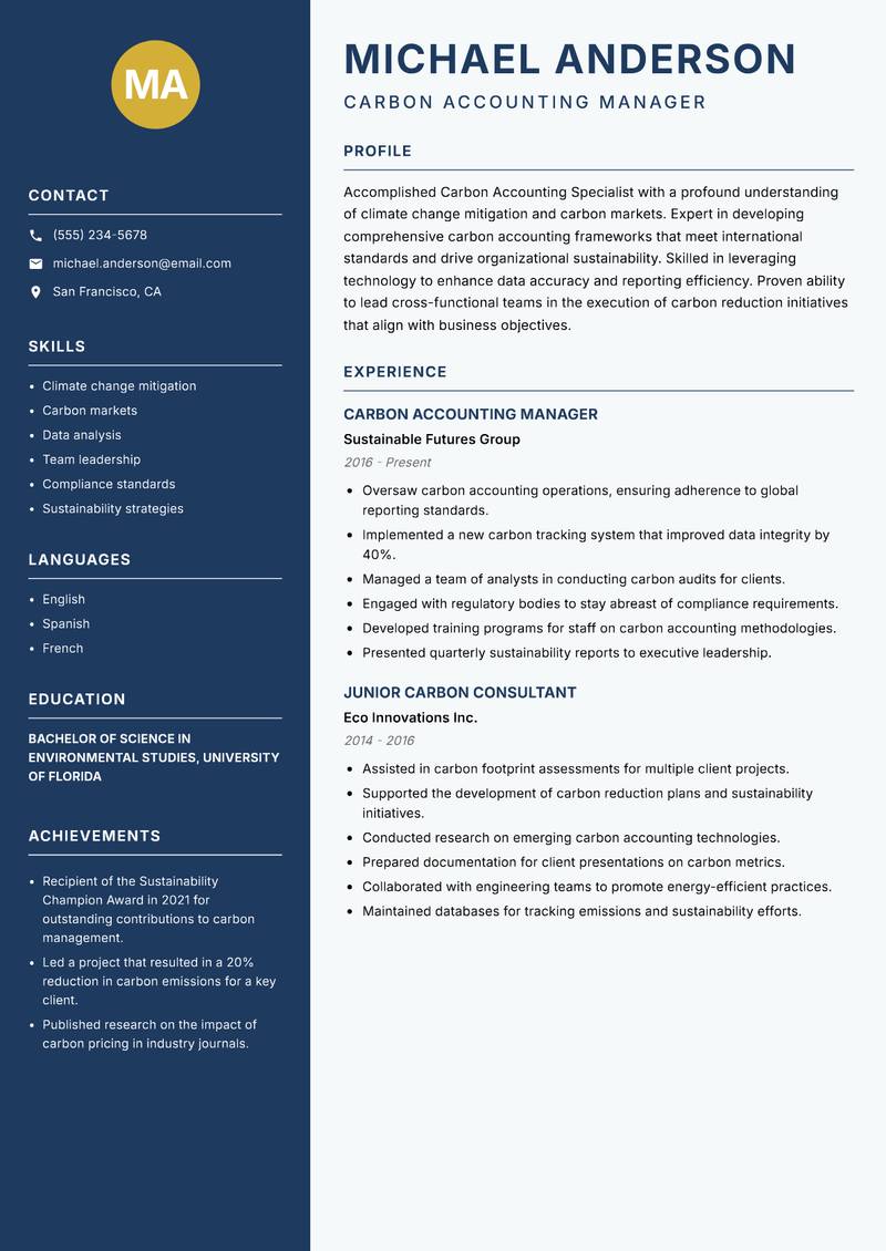 Carbon Accounting Specialist resume template — Classic Clean
