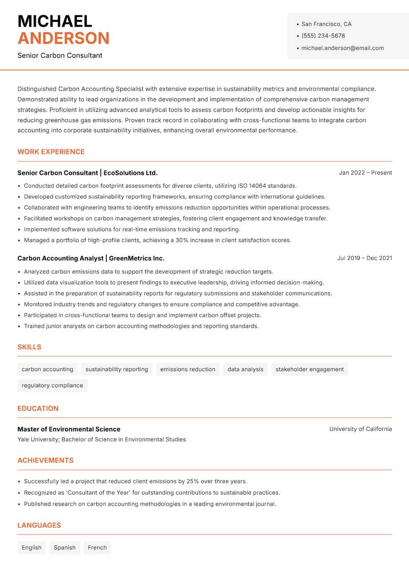 Carbon Accounting Specialist resume template — Modern Professional