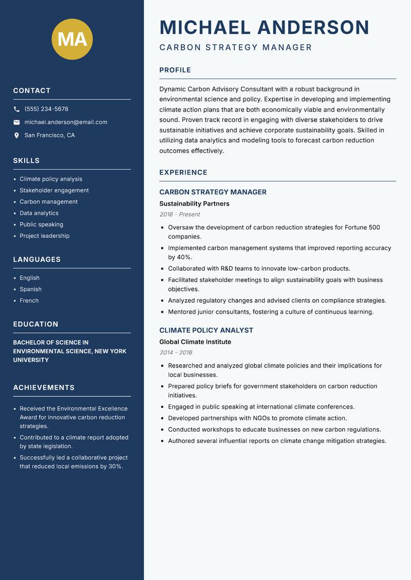 Carbon Advisory Consultant resume template — Classic Clean
