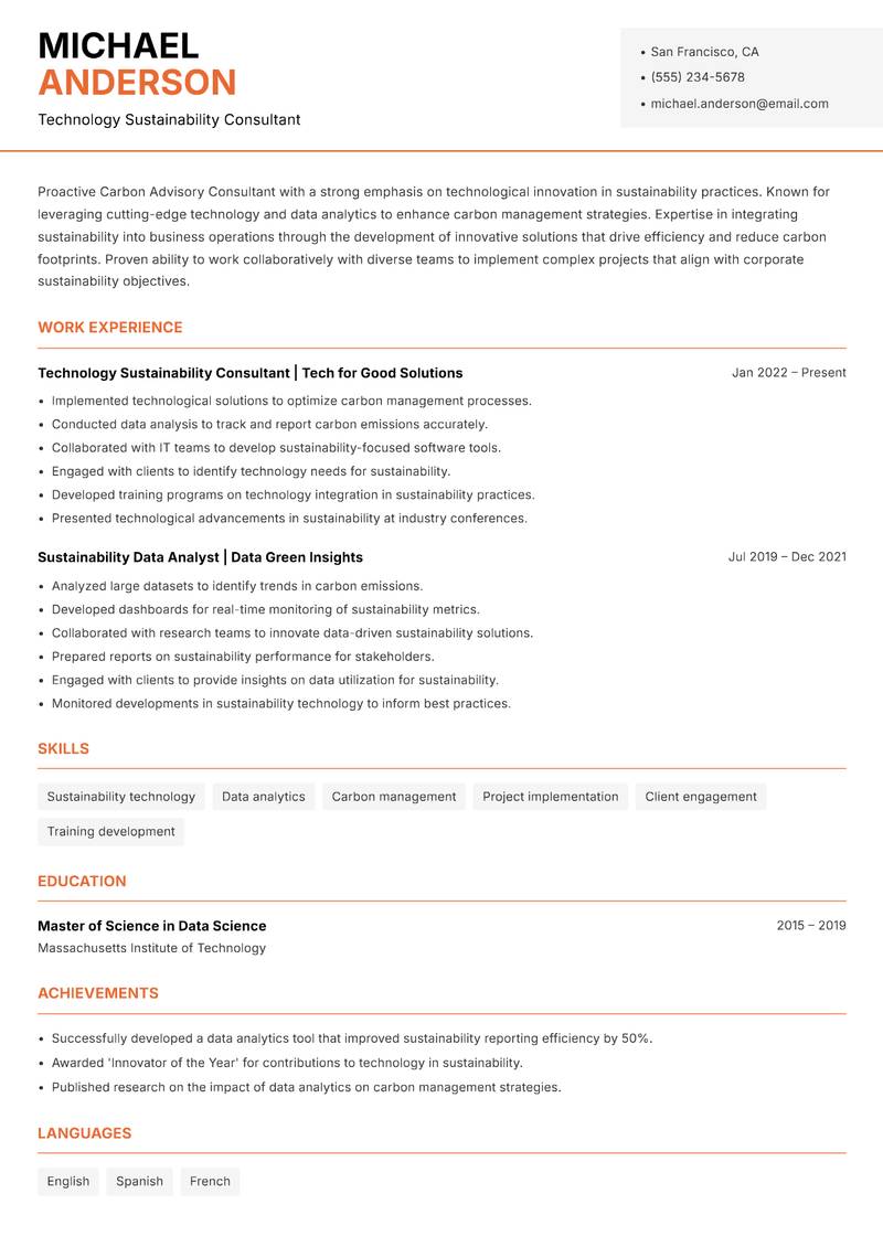 Carbon Advisory Consultant resume template — Modern Professional