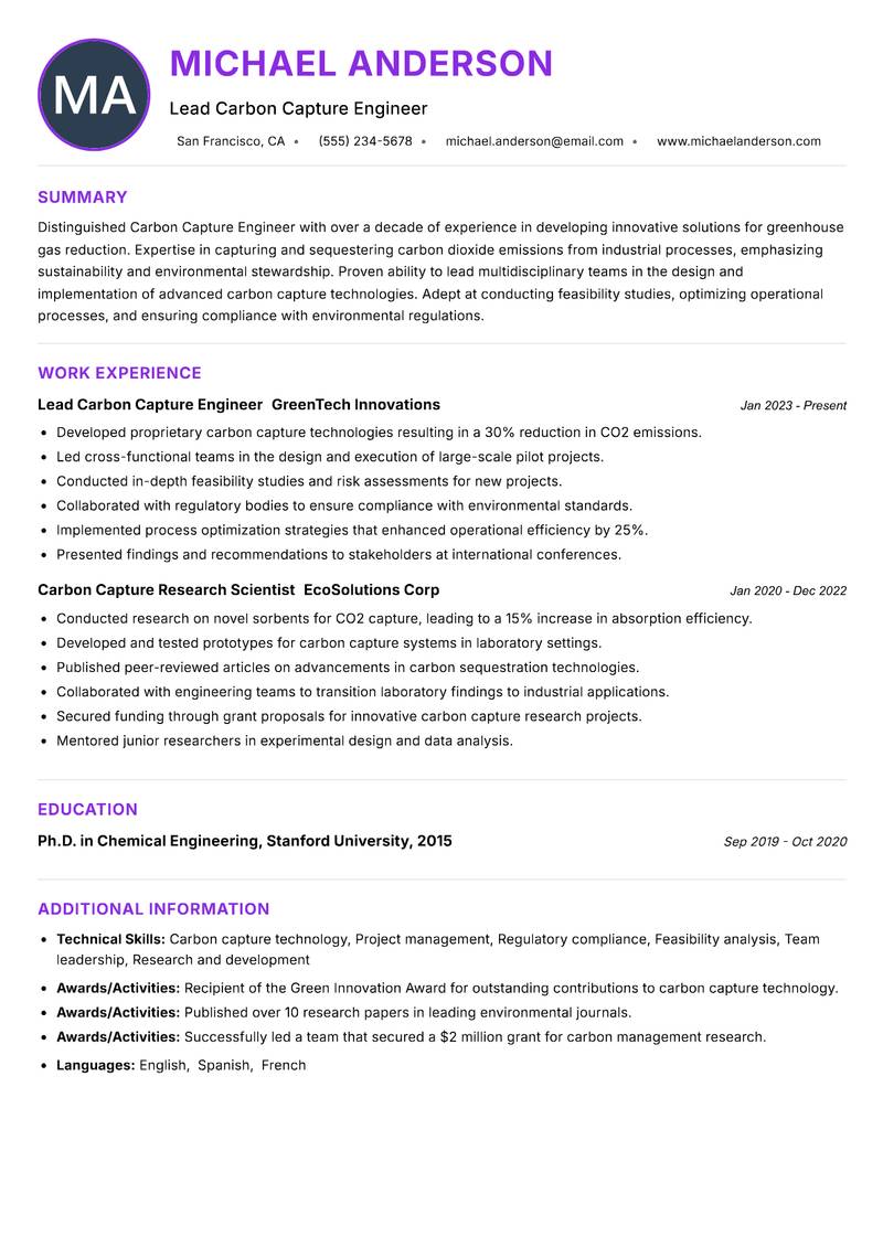 Carbon Capture Engineer resume example — ATS-friendly template