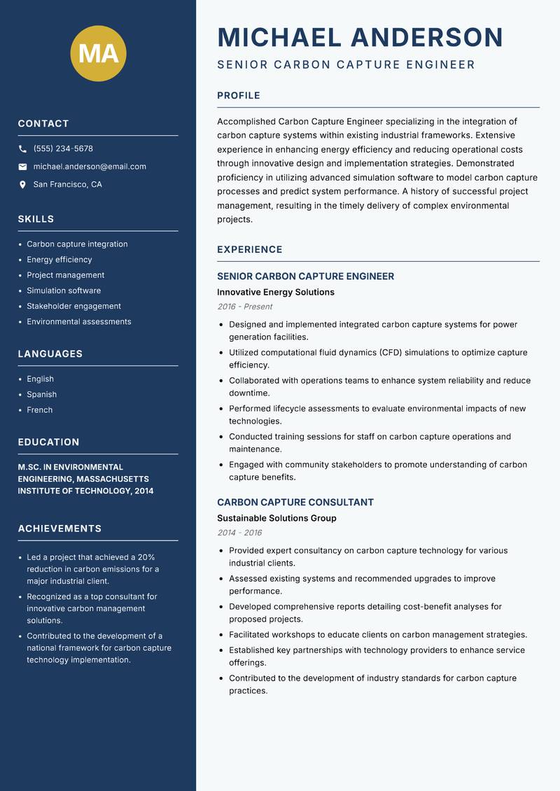 Carbon Capture Engineer resume template — Classic Clean