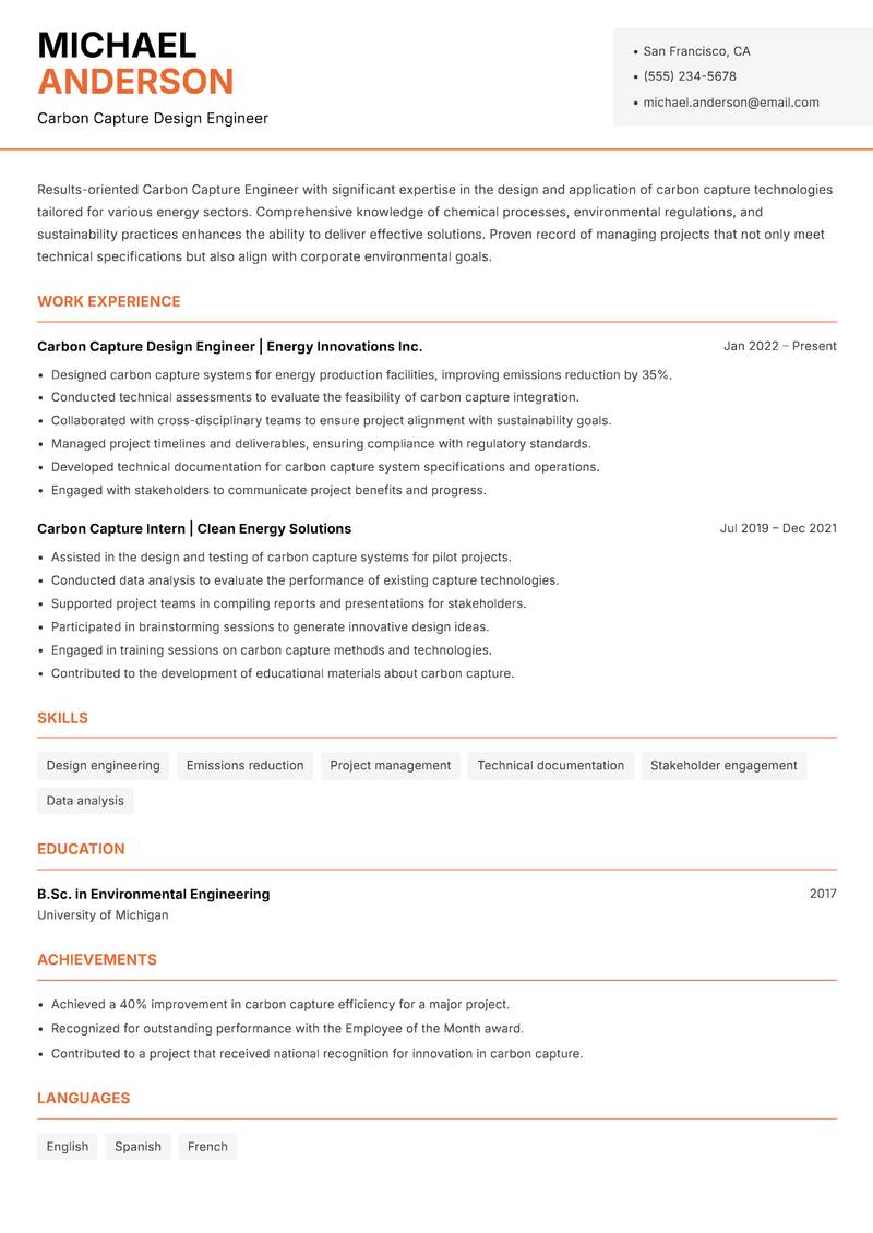 Carbon Capture Engineer resume template — Modern Professional