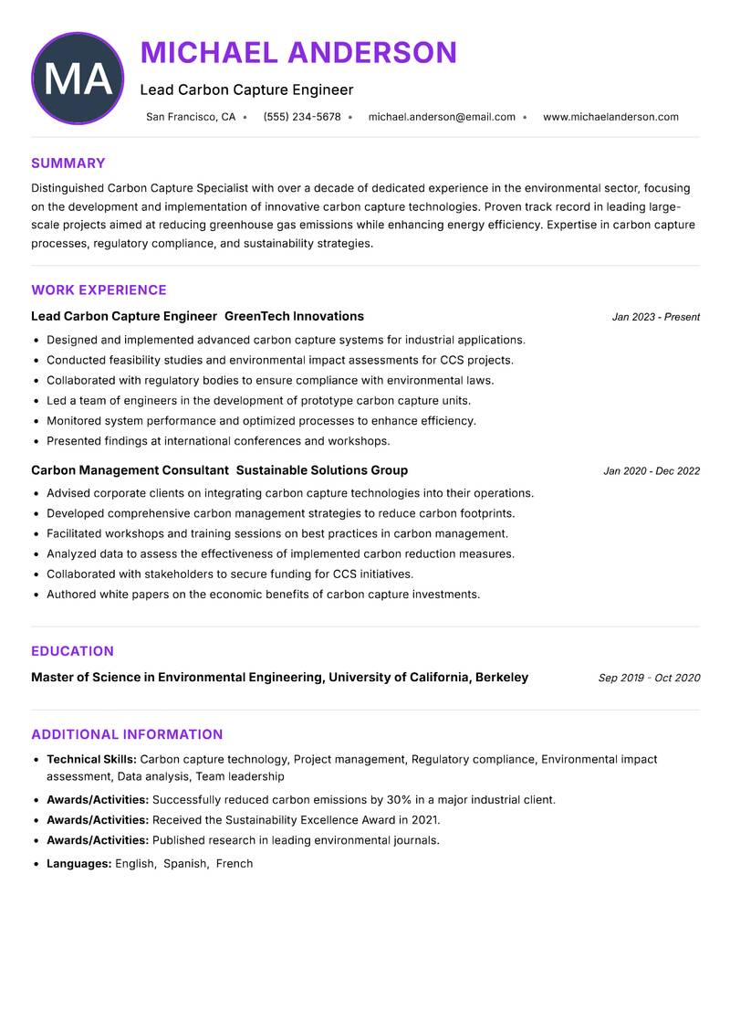 Carbon Capture Specialist resume example — ATS-friendly template