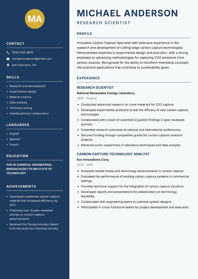 Carbon Capture Specialist resume template — Classic Clean