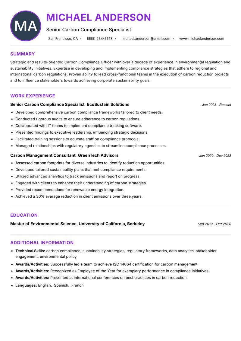 Carbon Compliance Officer resume example — ATS-friendly template