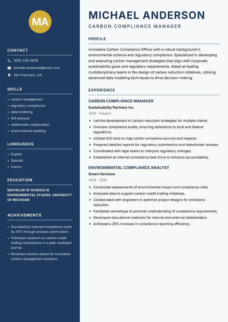 Carbon Compliance Officer resume template — Classic Clean