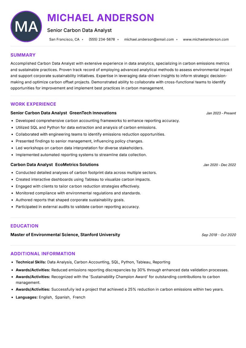 Carbon Data Analyst resume example — ATS-friendly template