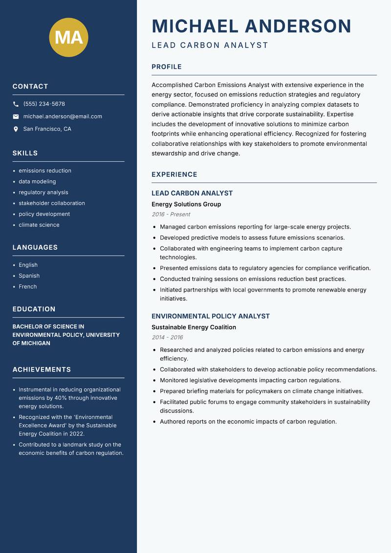 Carbon Emissions Analyst resume template — Classic Clean