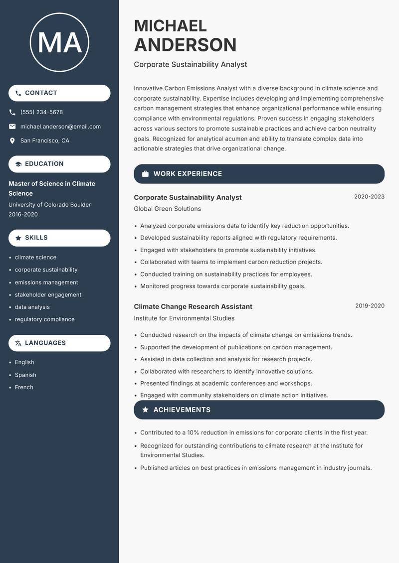 Carbon Emissions Analyst resume template — Compact