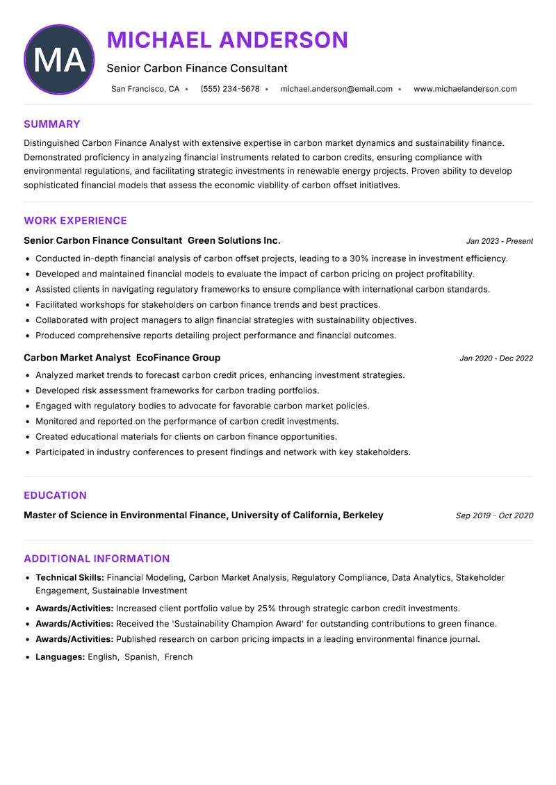 Carbon Finance Analyst resume example — ATS-friendly template