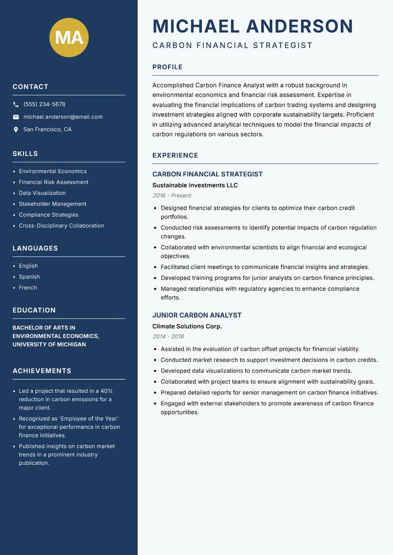 Carbon Finance Analyst resume template — Classic Clean
