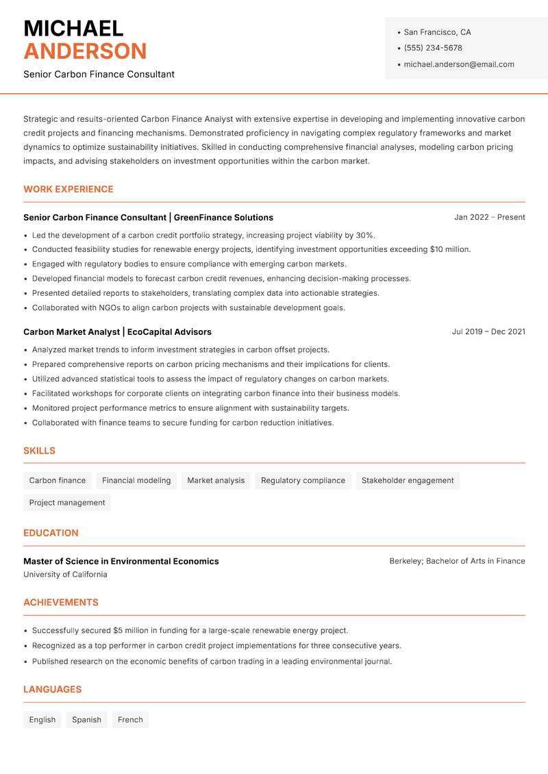 Carbon Finance Analyst resume template — Modern Professional