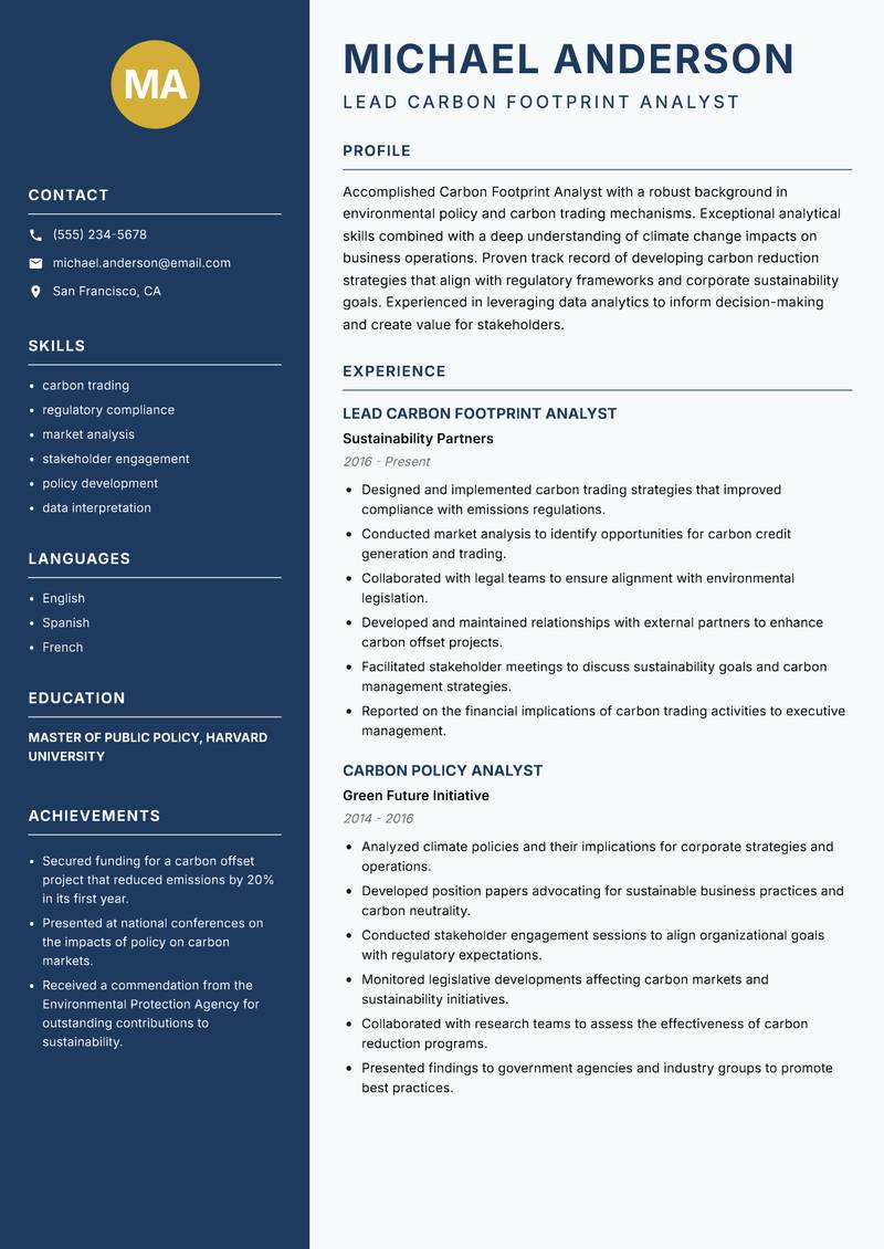 Carbon Footprint Analyst resume template — Classic Clean