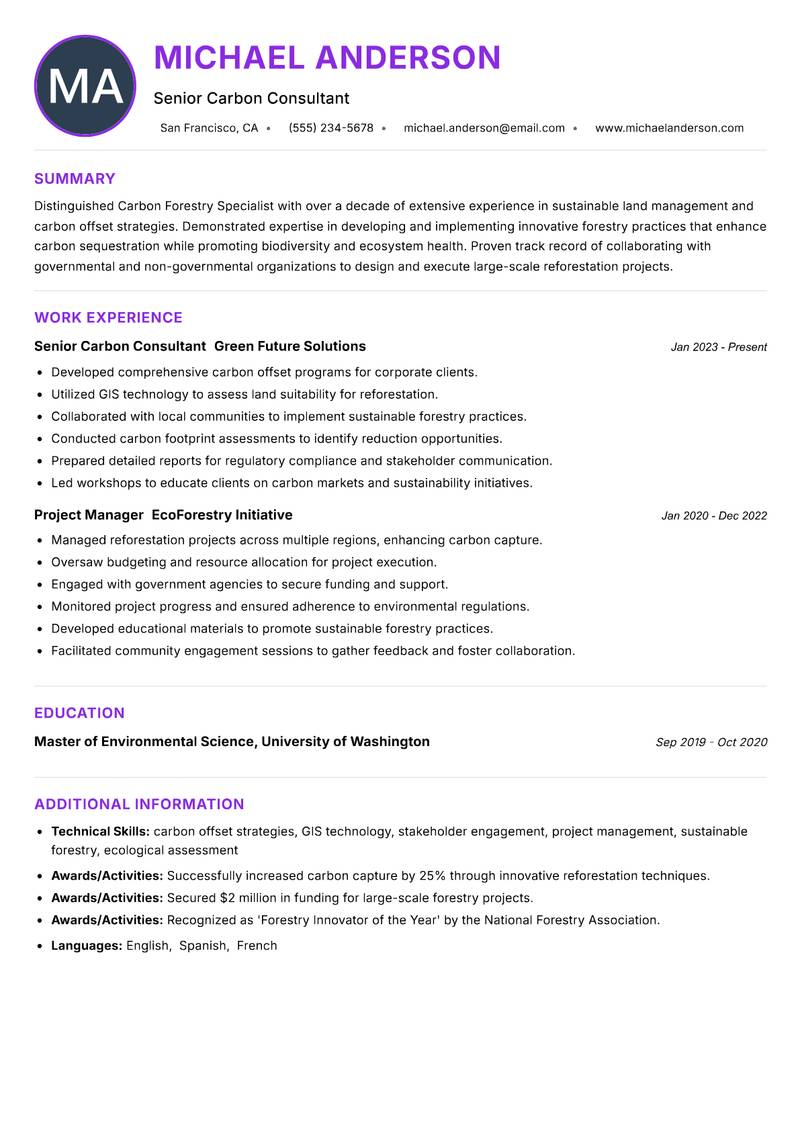 Carbon Forestry Specialist resume example — ATS-friendly template