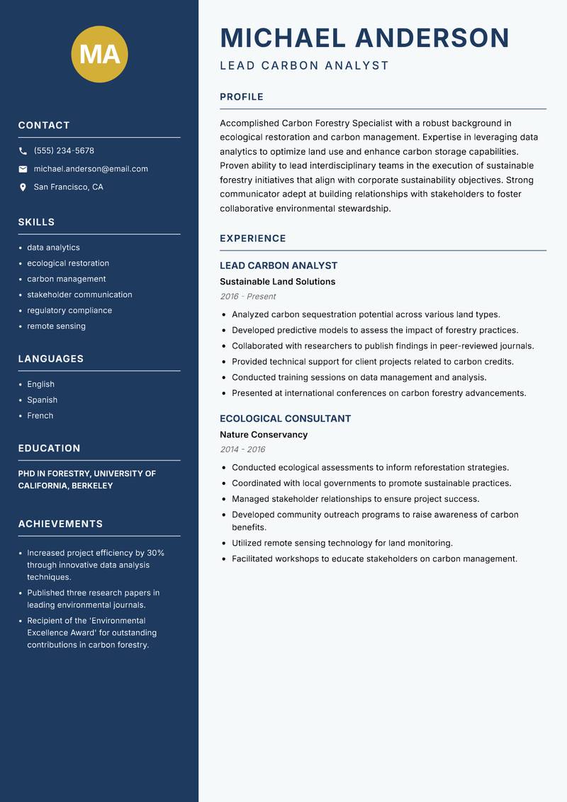 Carbon Forestry Specialist resume template — Classic Clean