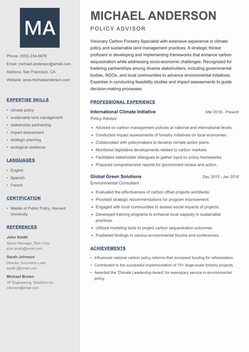 Carbon Forestry Specialist resume template — Creative Minimal
