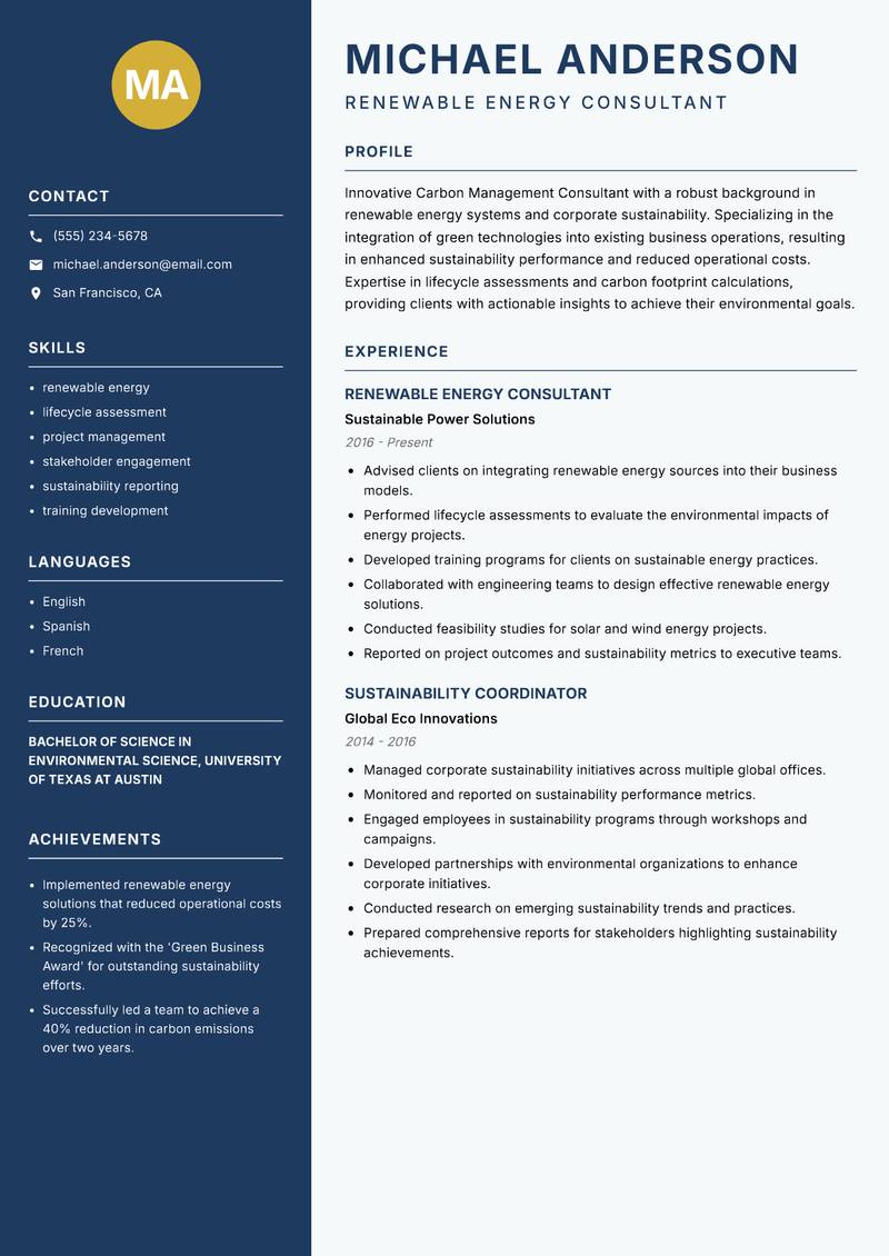 Carbon Management Consultant resume template — Classic Clean
