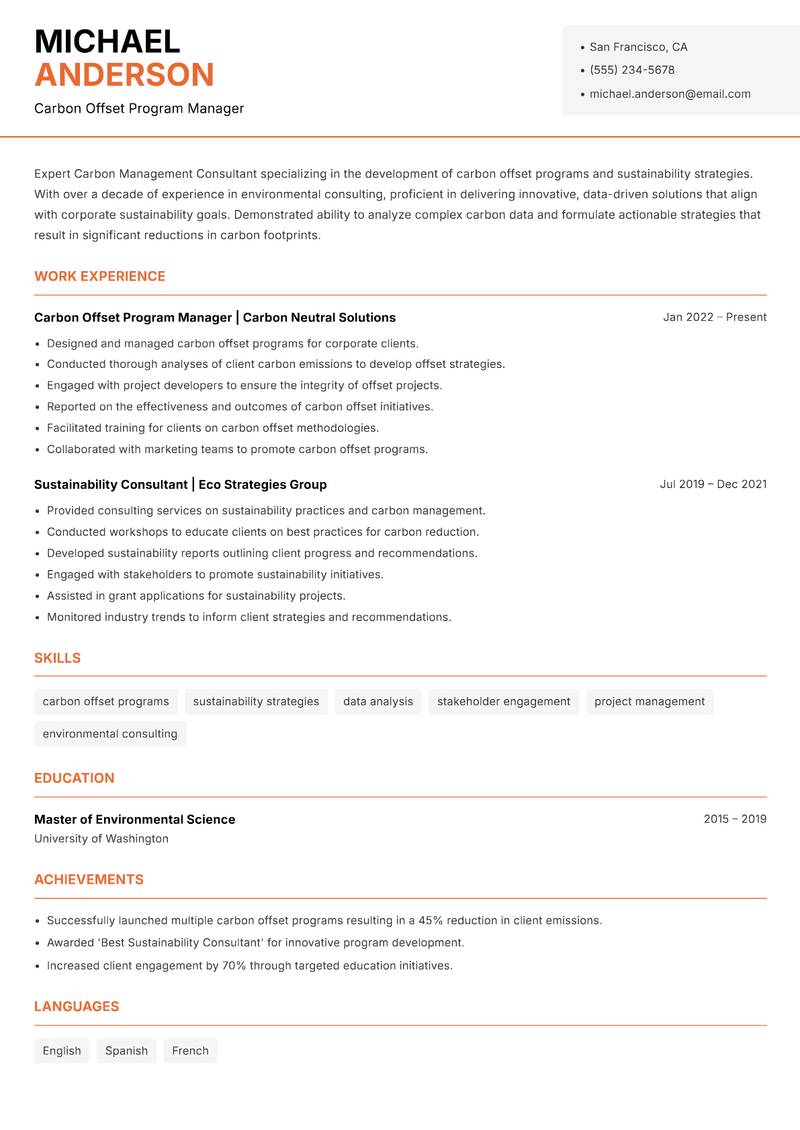 Carbon Management Consultant resume template — Modern Professional