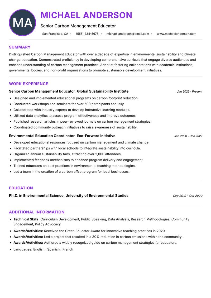 Carbon Management Educator resume example — ATS-friendly template