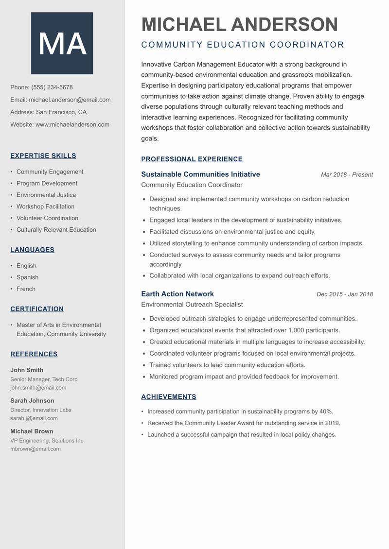 Carbon Management Educator resume template — Creative Minimal