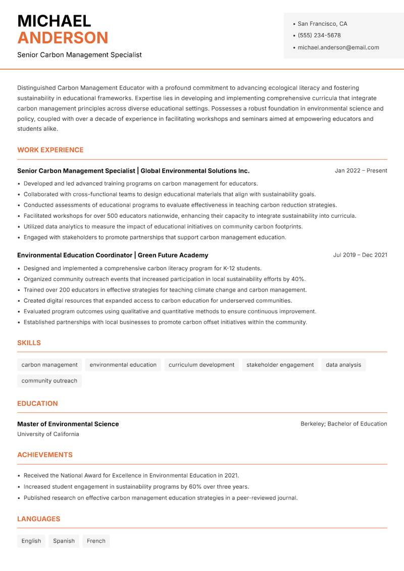 Carbon Management Educator resume template — Modern Professional