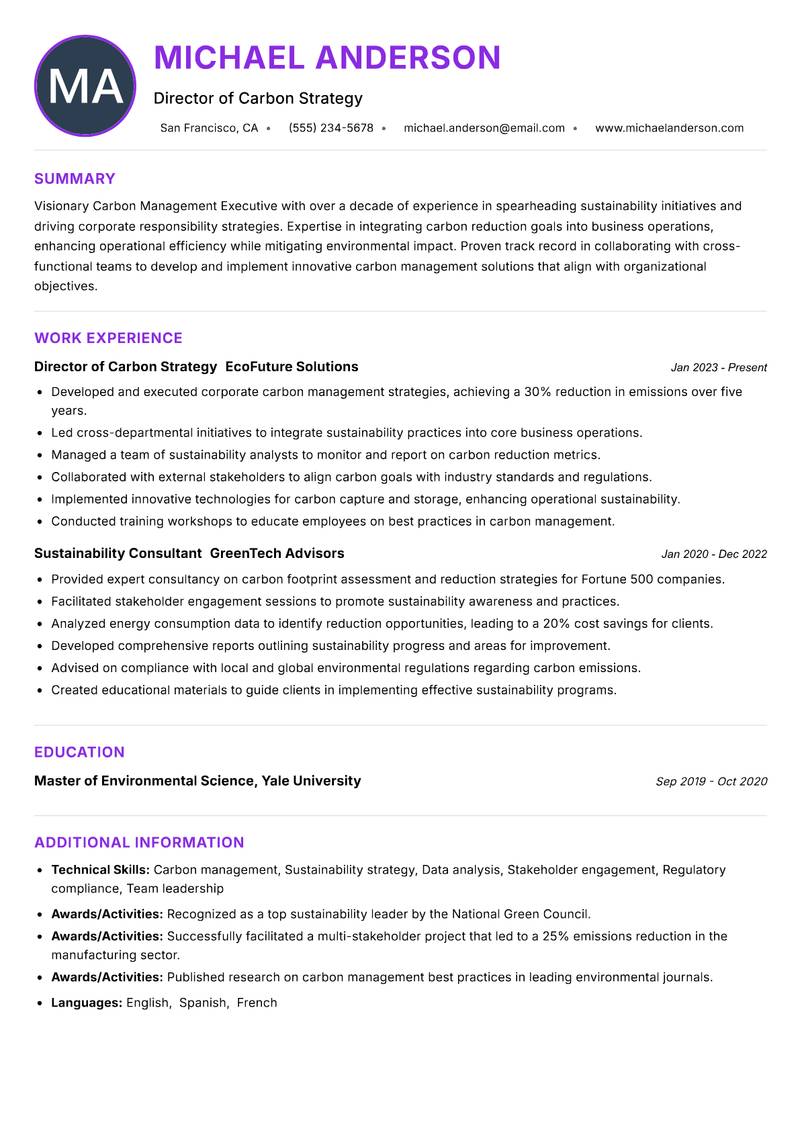 Carbon Management Executive resume example — ATS-friendly template