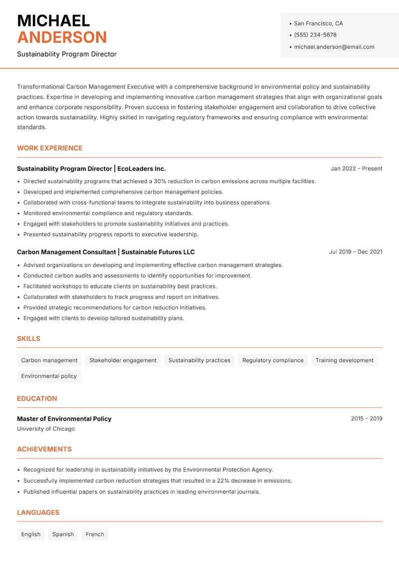 Carbon Management Executive resume template — Modern Professional