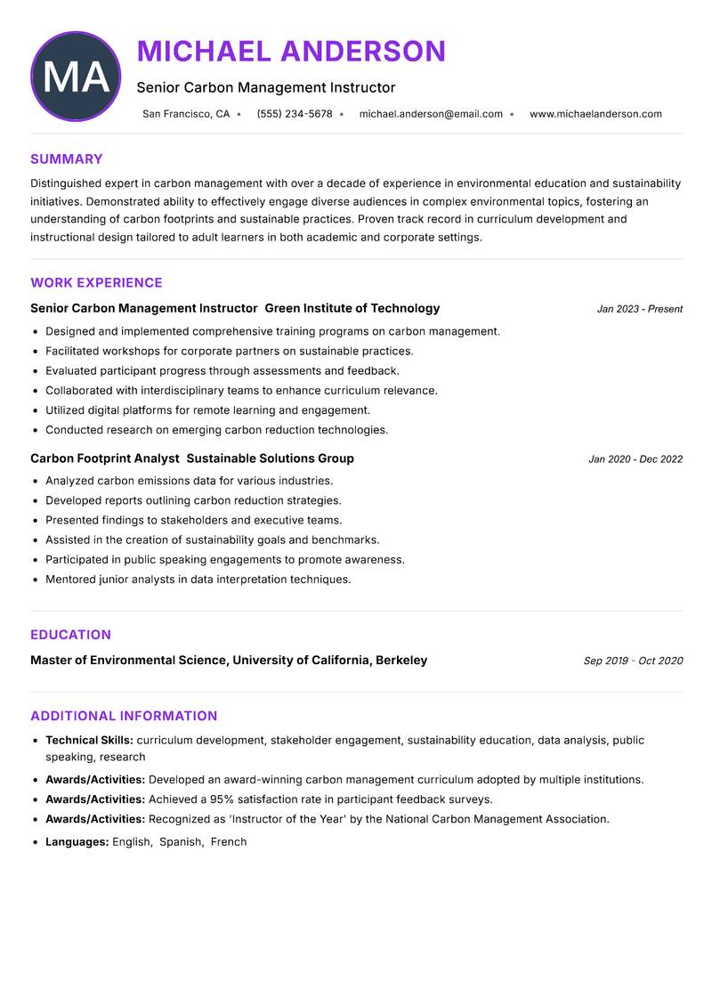 Carbon Management Instructor resume example — ATS-friendly template