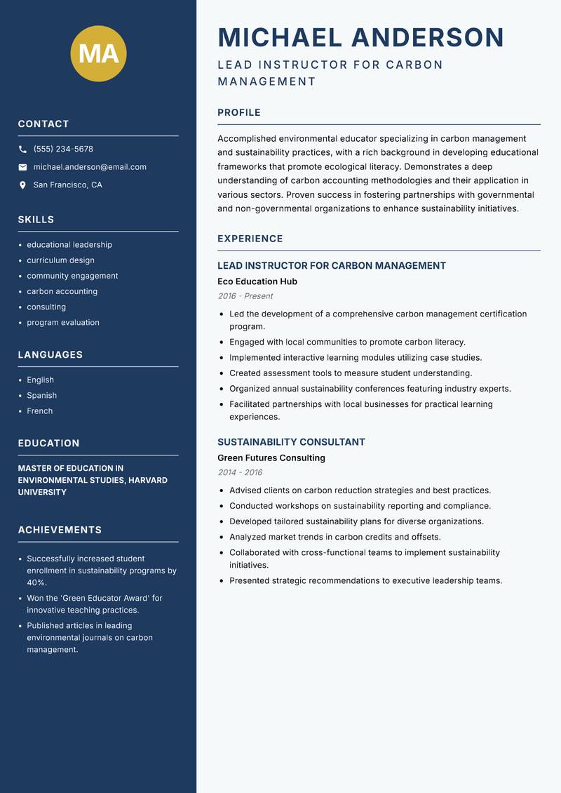 Carbon Management Instructor resume template — Classic Clean