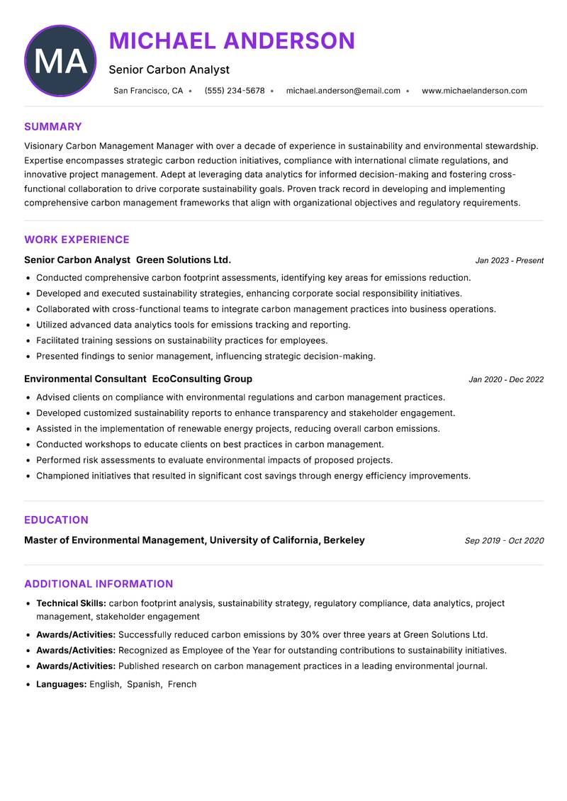 Carbon Management Manager resume example — ATS-friendly template