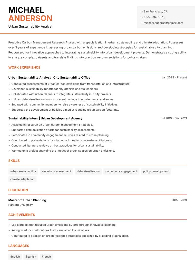Carbon Management Research Analyst resume template — Modern Professional