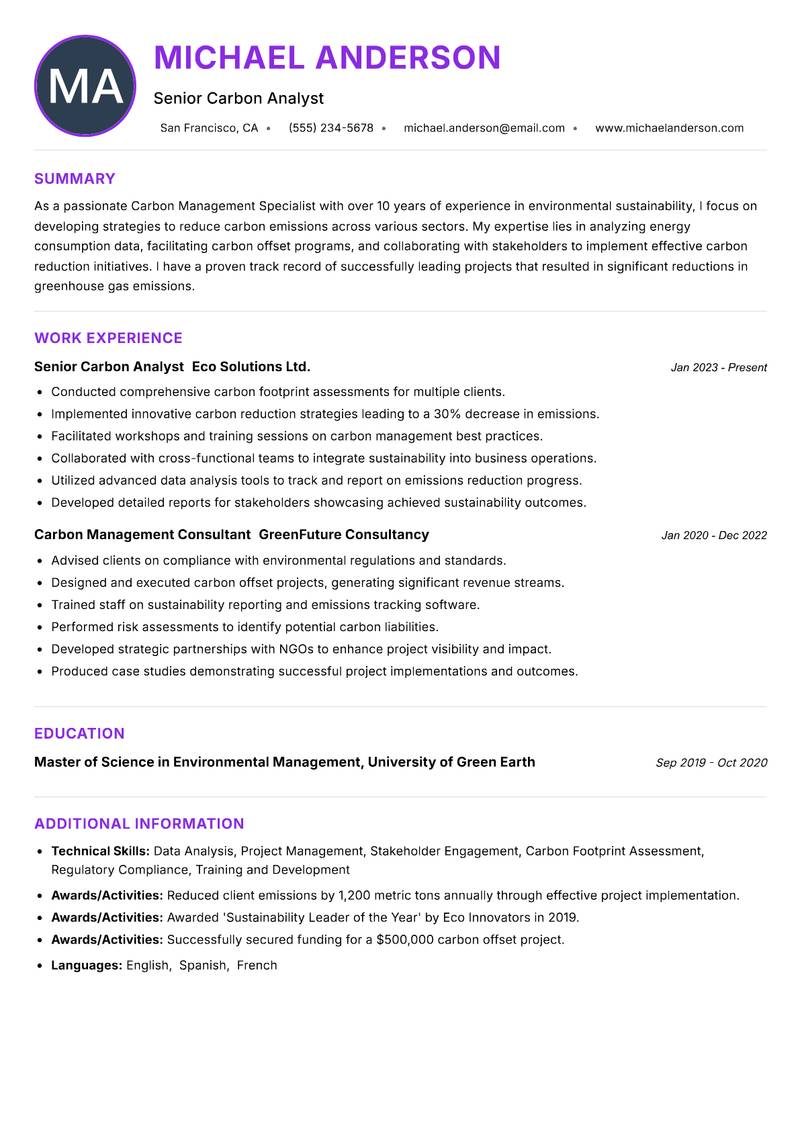 Carbon Management Specialist resume example — ATS-friendly template