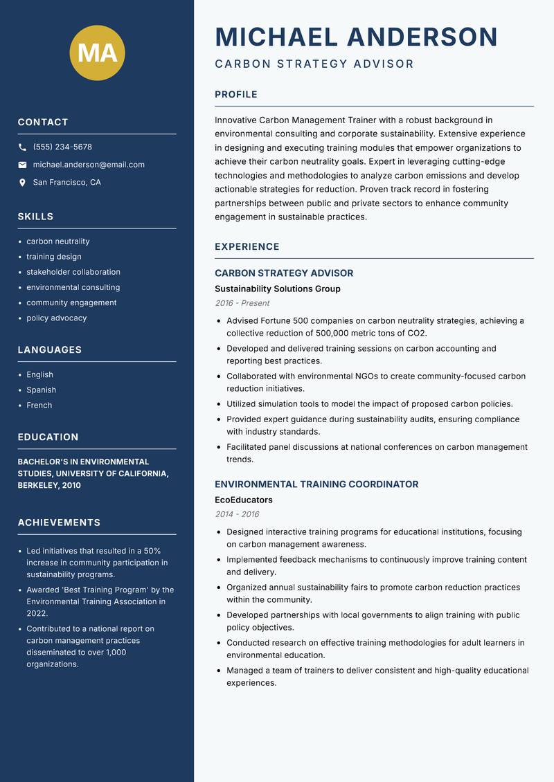 Carbon Management Trainer resume template — Classic Clean