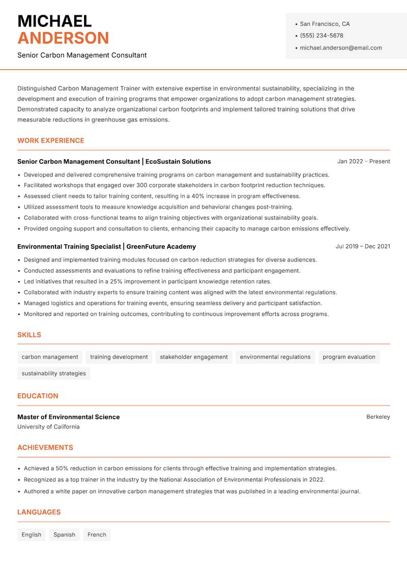 Carbon Management Trainer resume template — Modern Professional
