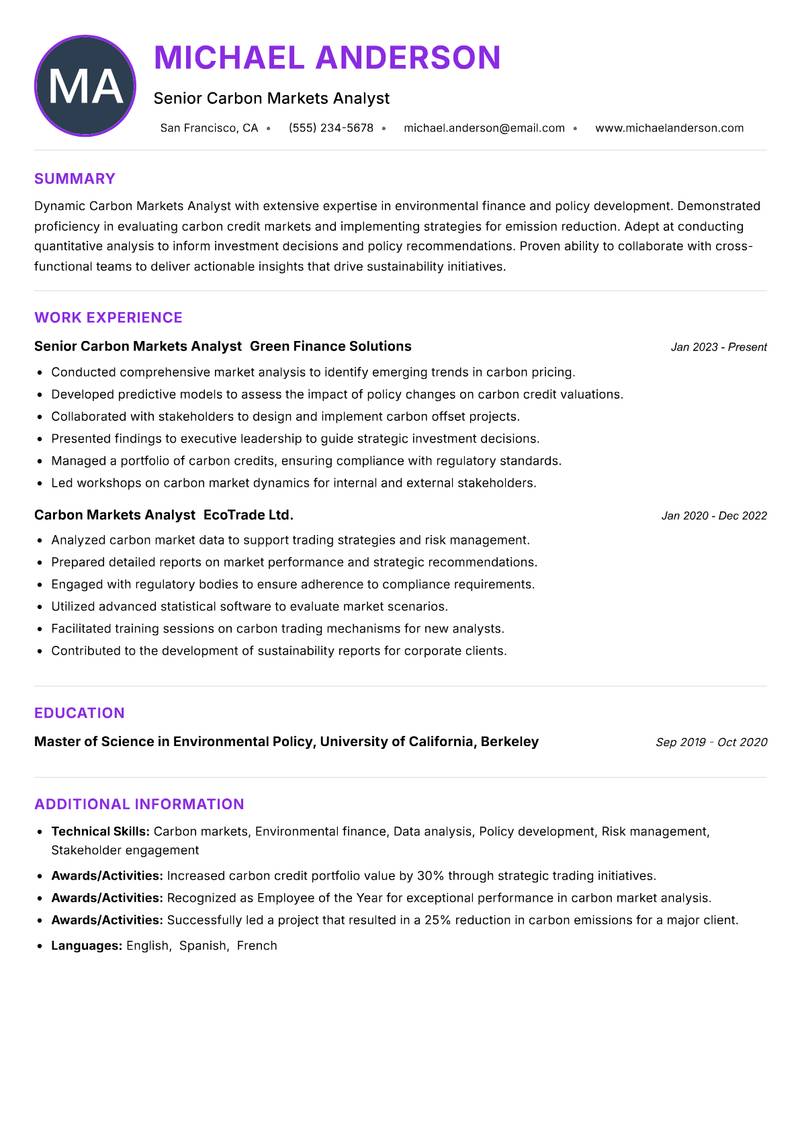 Carbon Markets Analyst resume example — ATS-friendly template