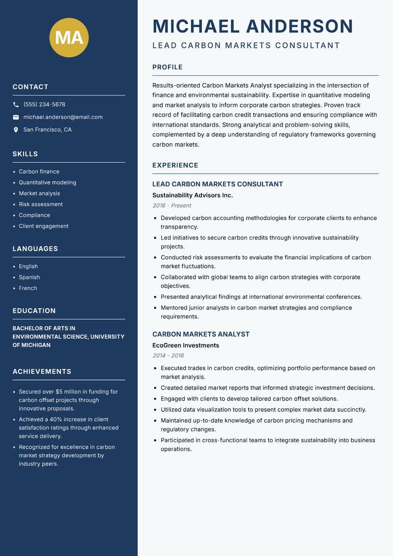 Carbon Markets Analyst resume template — Classic Clean