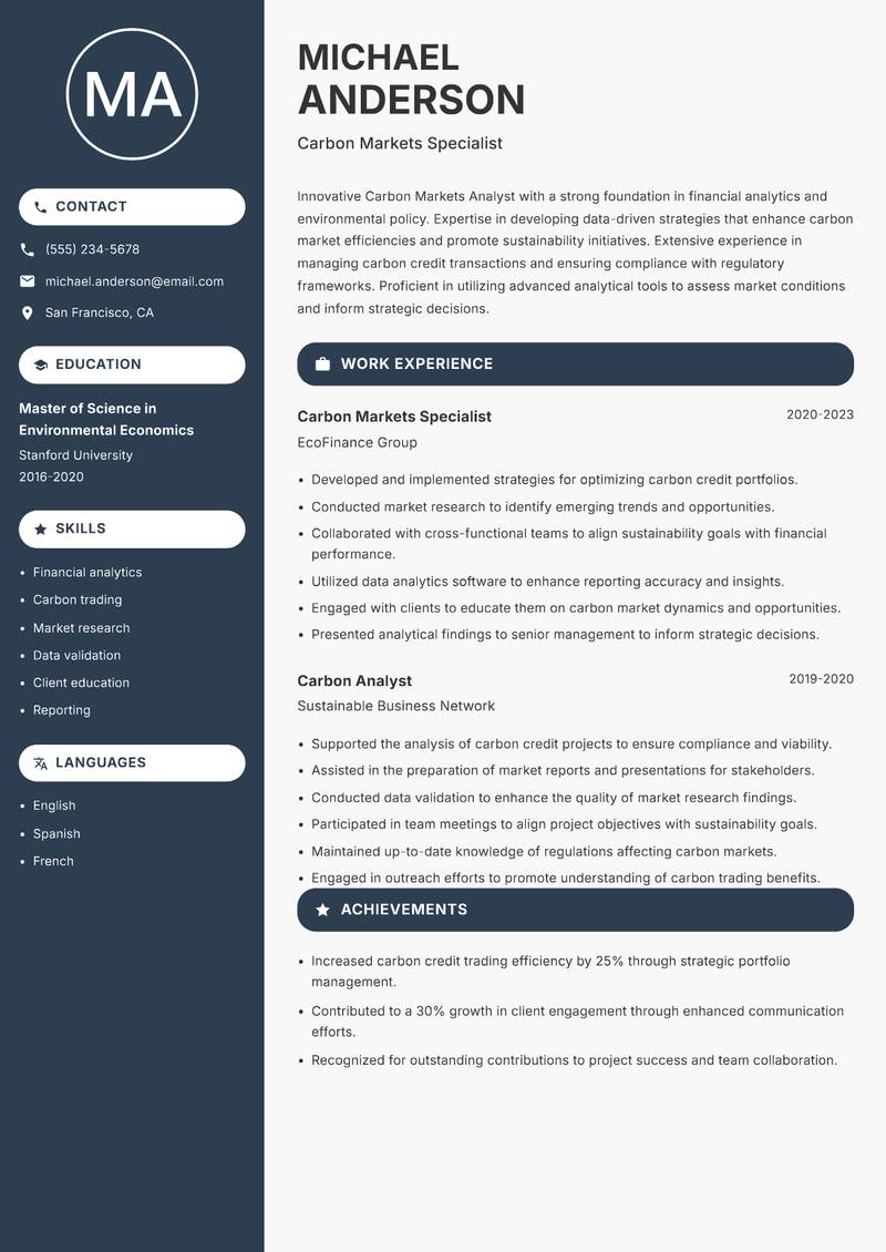 Carbon Markets Analyst resume template — Compact