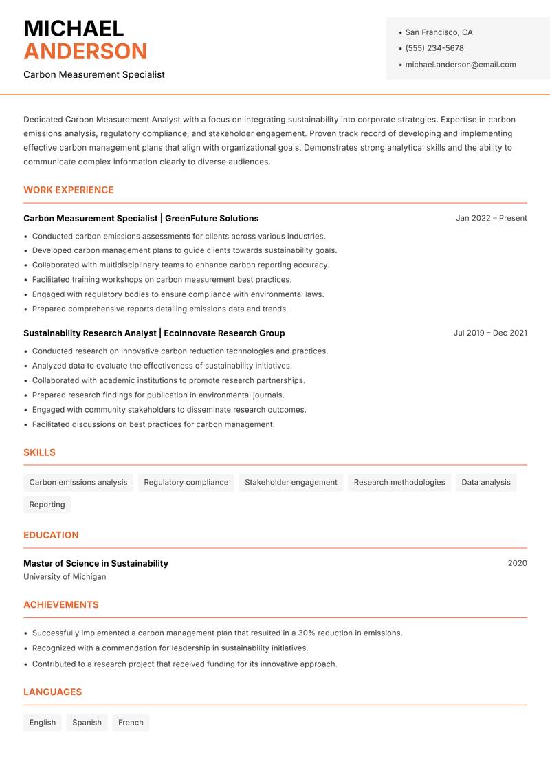 Carbon Measurement Analyst resume template — Modern Professional