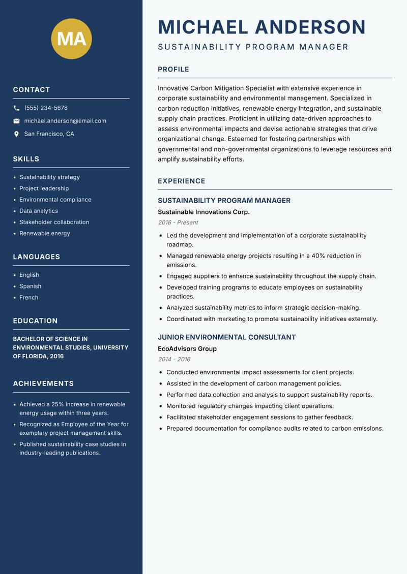 Carbon Mitigation Specialist resume template — Classic Clean
