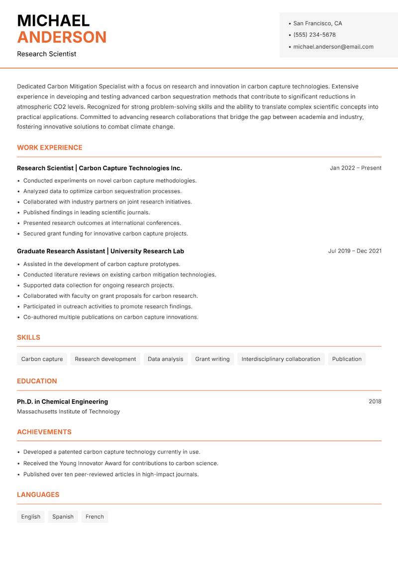 Carbon Mitigation Specialist resume template — Modern Professional