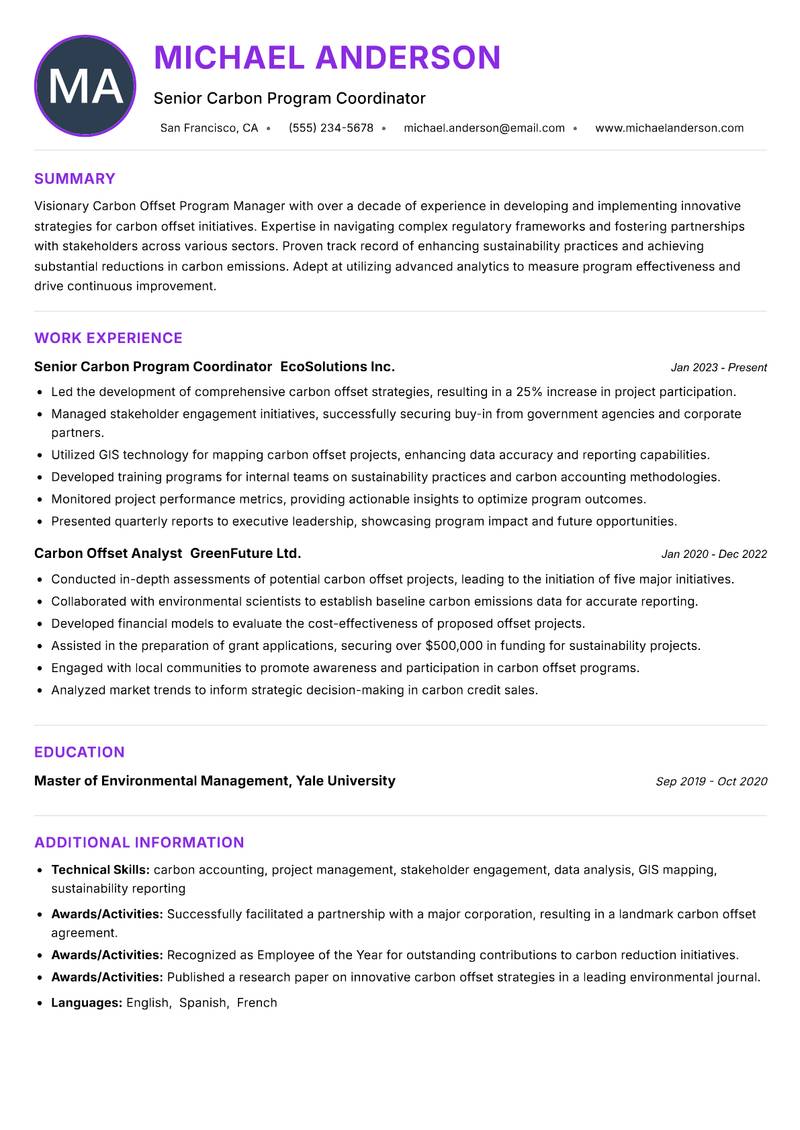 Carbon Offset Program Manager resume example — ATS-friendly template