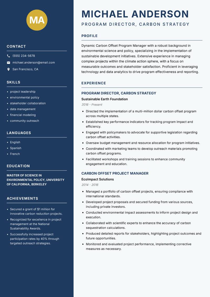 Carbon Offset Program Manager resume template — Classic Clean